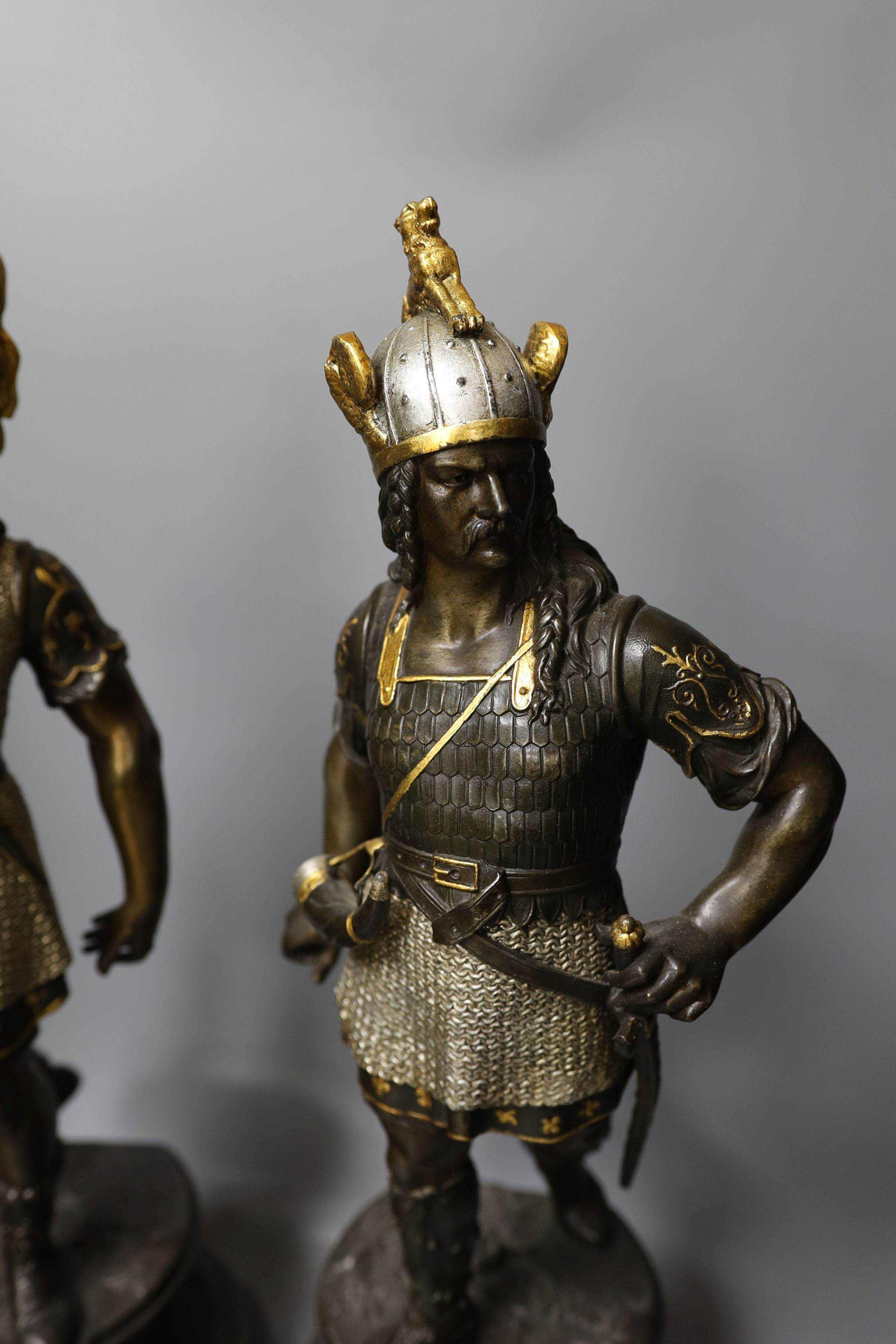 A pair of bronzed spelter gladiator figures - 55cm tall